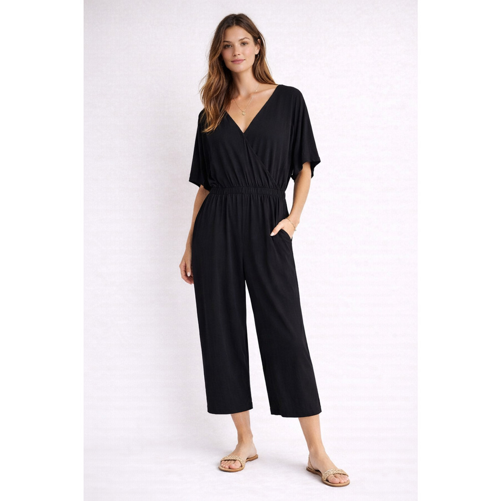 Garnet Hill Prato Knit Jumpsuit Size Medium Kimono Sleeve Wide Leg Black Pockets
